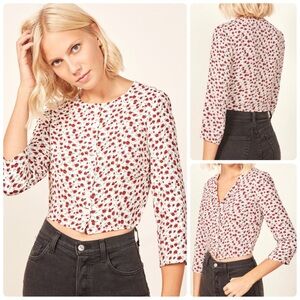 Reformation White Blouse with Red Floral Print